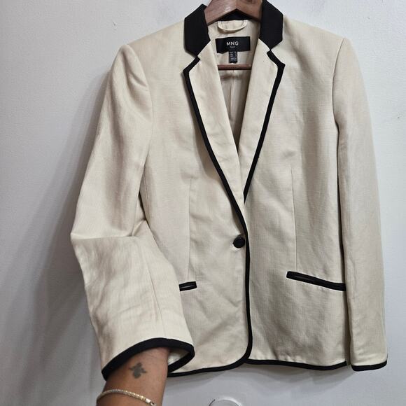 MNG Mango Womens Classic Preppy Schoolboy Tailored Linen Blend Blazer Jacket 6 - Picture 3 of 11